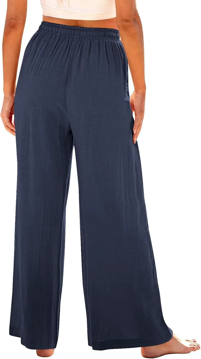 Lmdudan Wide Leg Pants Women Linen High Waisted Pull On Flowy Pants Casual Baggy Drawstring Palazzo Trousers with Pockets