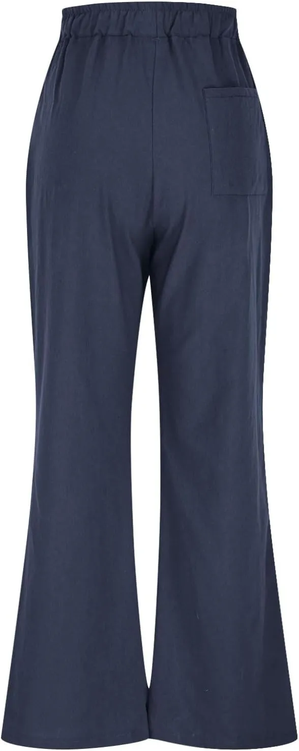 Lmdudan Wide Leg Pants Women Linen High Waisted Pull On Flowy Pants Casual Baggy Drawstring Palazzo Trousers with Pockets
