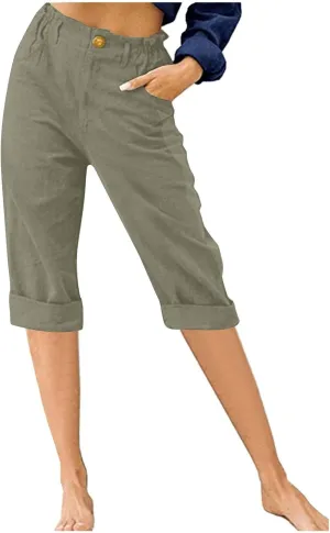 Lmdudan Women Cotton Linen Capri Pants 2025 Summer Trendy Casual Elastic Waist Cropped Trouser Beach Vacation Capris Clothes