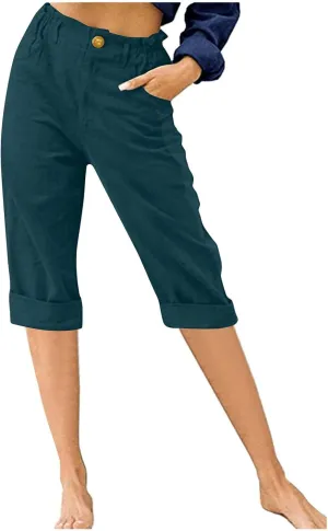 Lmdudan Women Cotton Linen Capri Pants 2025 Summer Trendy Casual Elastic Waist Cropped Trouser Beach Vacation Capris Clothes