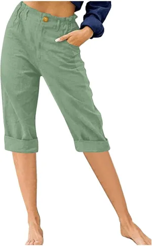 Lmdudan Women Cotton Linen Capri Pants 2025 Summer Trendy Casual Elastic Waist Cropped Trouser Beach Vacation Capris Clothes