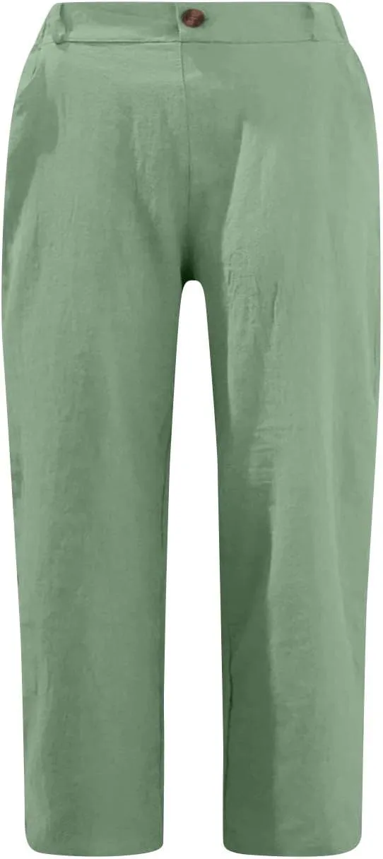 Lmdudan Women Cotton Linen Capri Pants 2025 Summer Trendy Casual Elastic Waist Cropped Trouser Beach Vacation Capris Clothes