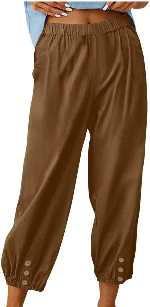 Lmdudan Women Linen Capri Pants Casual Drawstring Elastic High Waist Baggy Wide Leg Cropped Pants Trousers for Ladies Summer