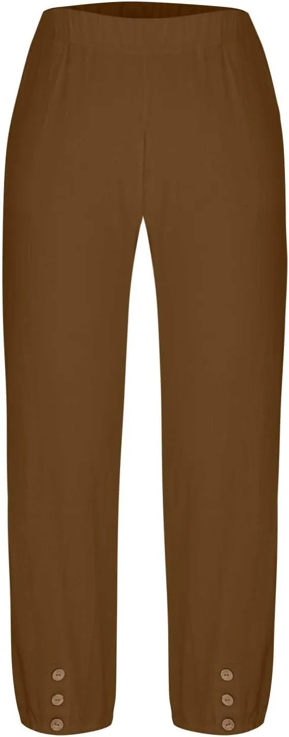 Lmdudan Women Linen Capri Pants Casual Drawstring Elastic High Waist Baggy Wide Leg Cropped Pants Trousers for Ladies Summer