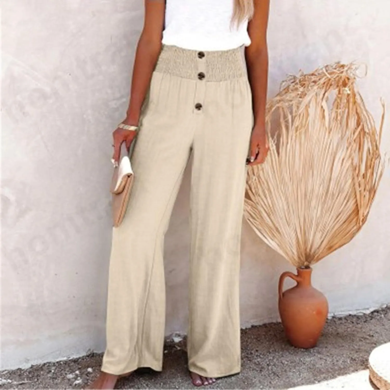 Lmdudan Women Linen Palazzo Pants 2025 Summer Boho Wide Leg High Waist Casual Lounge Pant Beach Travel Vacation Outfits