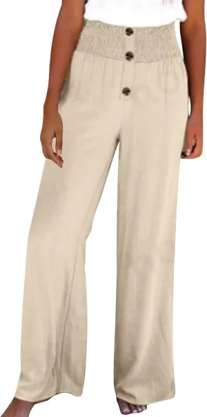 Lmdudan Women Linen Palazzo Pants 2025 Summer Boho Wide Leg High Waist Casual Lounge Pant Beach Travel Vacation Outfits