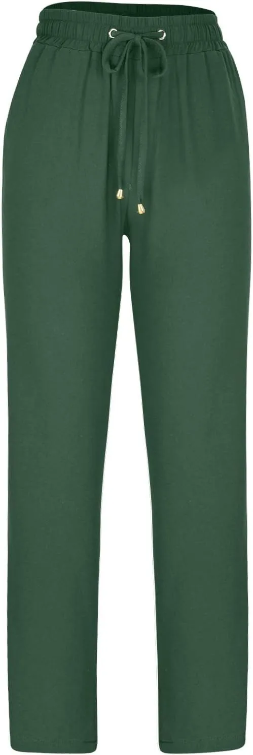 Lmdudan Women Straight Leg Linen Pants 2025 Trendy Elastic High Waist Yoga Pant Sweatpants Comfy Loose Beach Trousers