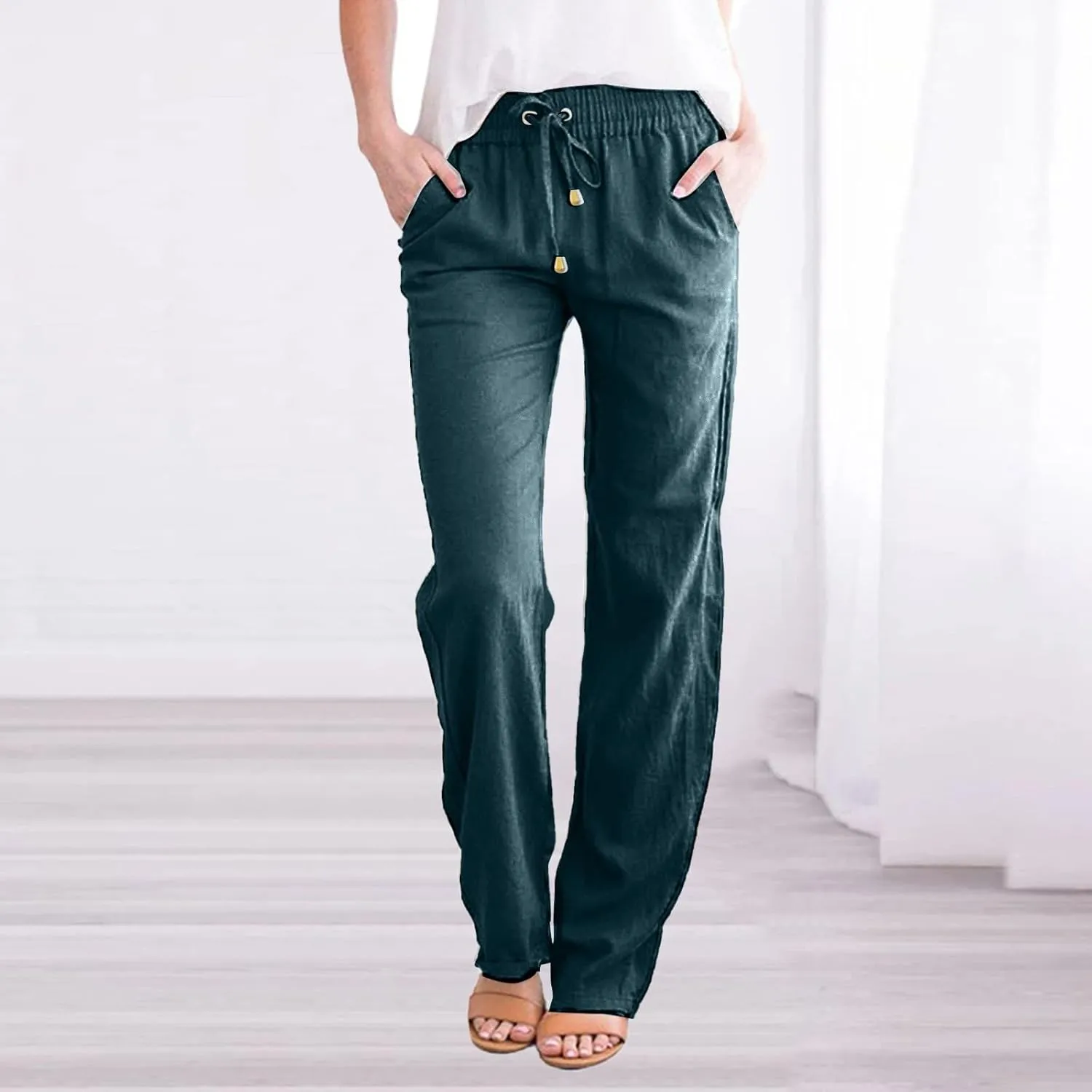 Lmdudan Women Straight Leg Linen Pants 2025 Trendy Elastic High Waist Yoga Pant Sweatpants Comfy Loose Beach Trousers