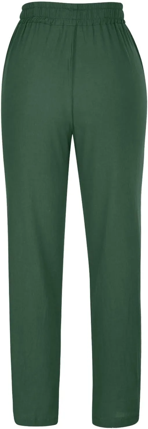 Lmdudan Women Straight Leg Linen Pants 2025 Trendy Elastic High Waist Yoga Pant Sweatpants Comfy Loose Beach Trousers