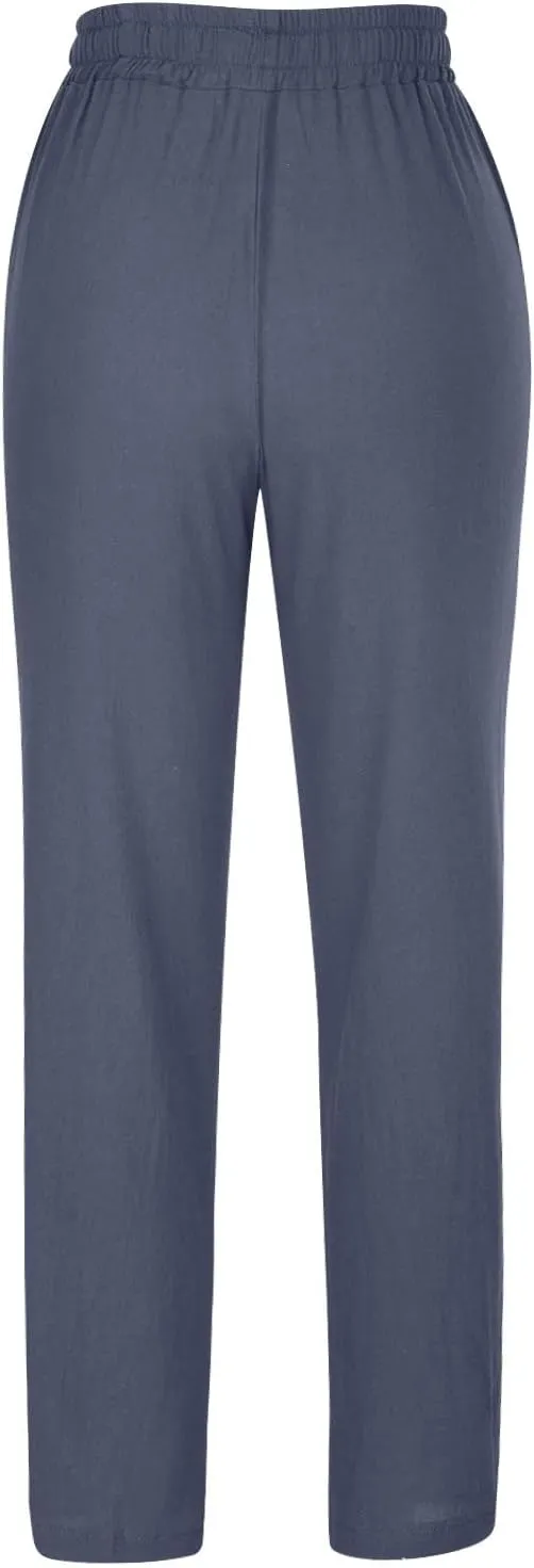 Lmdudan Women Straight Leg Linen Pants 2025 Trendy Elastic High Waist Yoga Pant Sweatpants Comfy Loose Beach Trousers