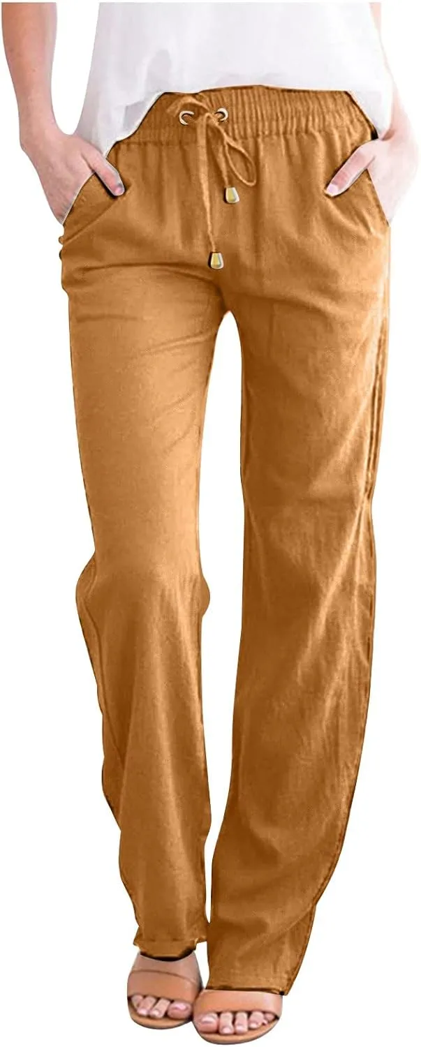Lmdudan Women Straight Leg Linen Pants 2025 Trendy Elastic High Waist Yoga Pant Sweatpants Comfy Loose Beach Trousers