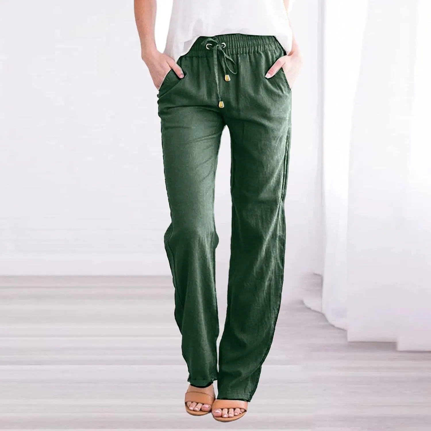Lmdudan Women Straight Leg Linen Pants 2025 Trendy Elastic High Waist Yoga Pant Sweatpants Comfy Loose Beach Trousers