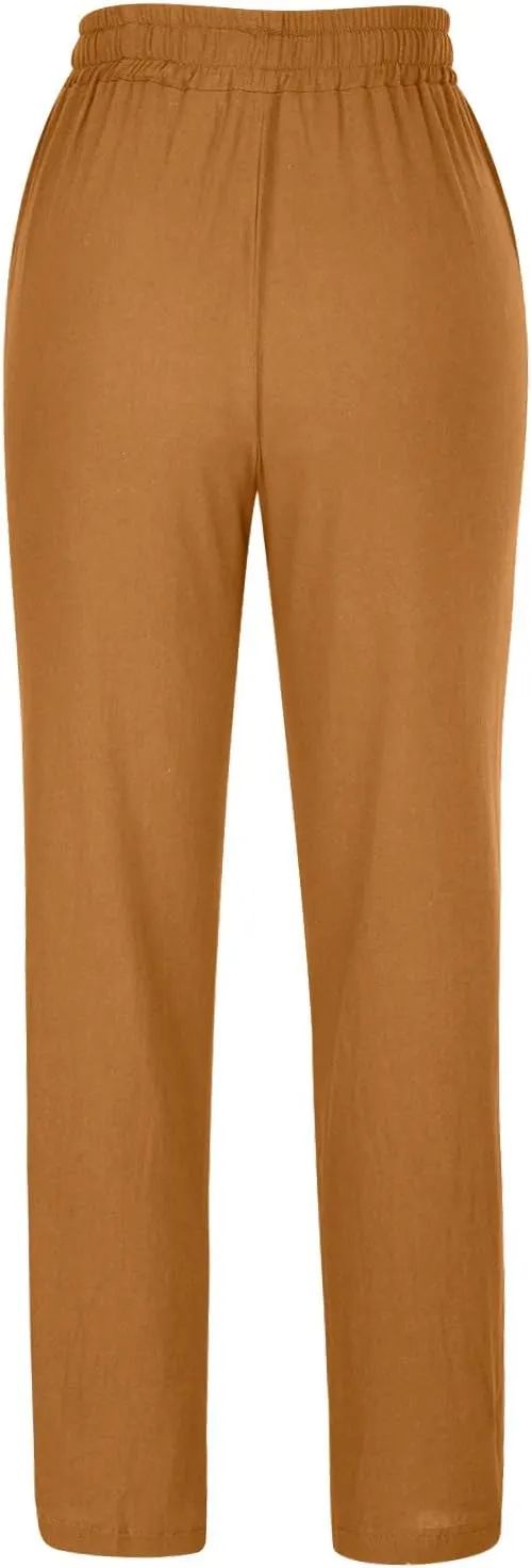 Lmdudan Women Straight Leg Linen Pants 2025 Trendy Elastic High Waist Yoga Pant Sweatpants Comfy Loose Beach Trousers