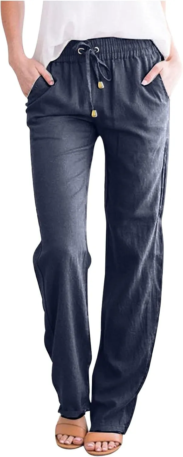 Lmdudan Women Straight Leg Linen Pants 2025 Trendy Elastic High Waist Yoga Pant Sweatpants Comfy Loose Beach Trousers