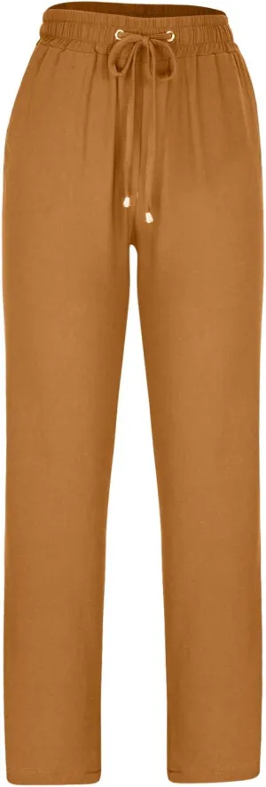 Lmdudan Women Straight Leg Linen Pants 2025 Trendy Elastic High Waist Yoga Pant Sweatpants Comfy Loose Beach Trousers