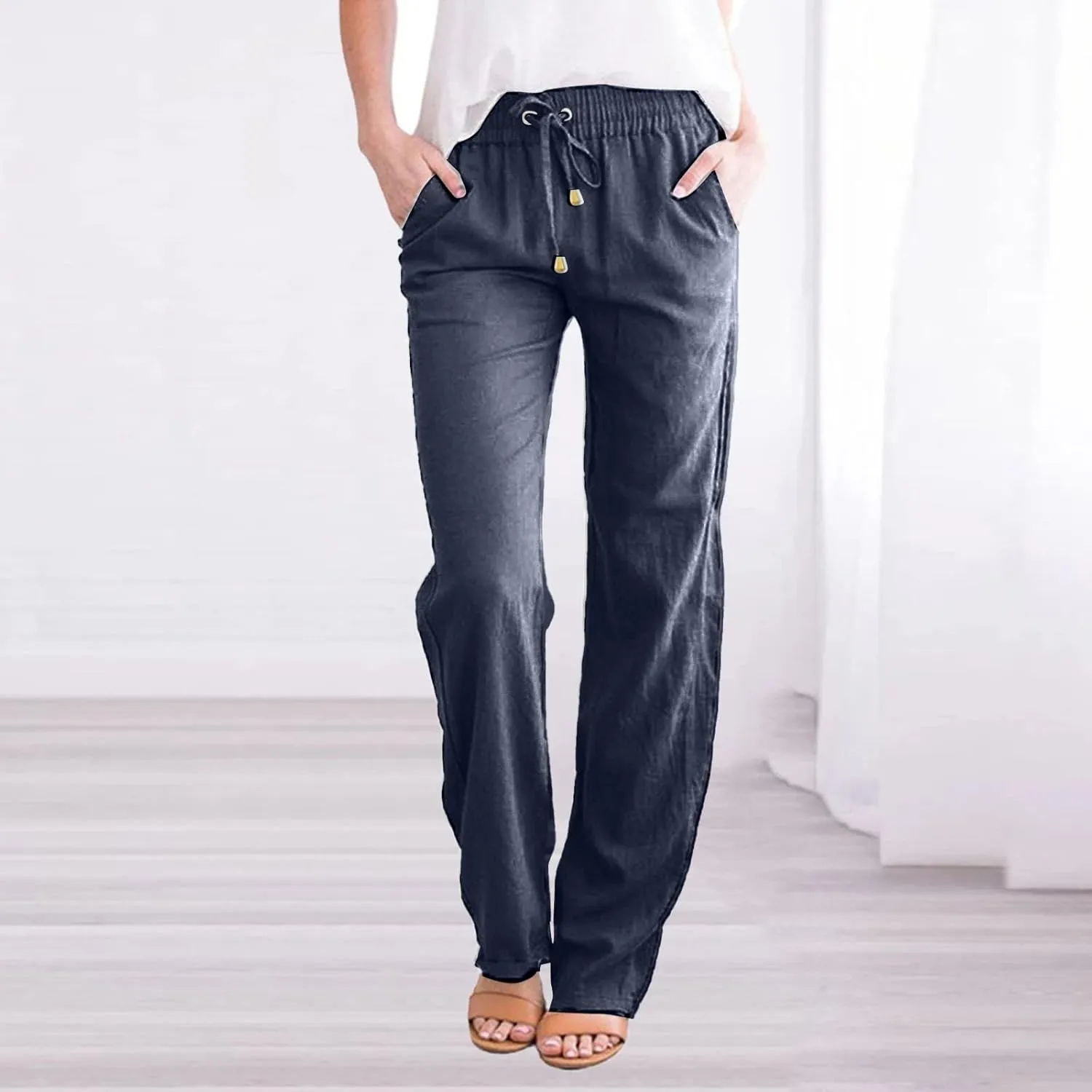 Lmdudan Women Straight Leg Linen Pants 2025 Trendy Elastic High Waist Yoga Pant Sweatpants Comfy Loose Beach Trousers