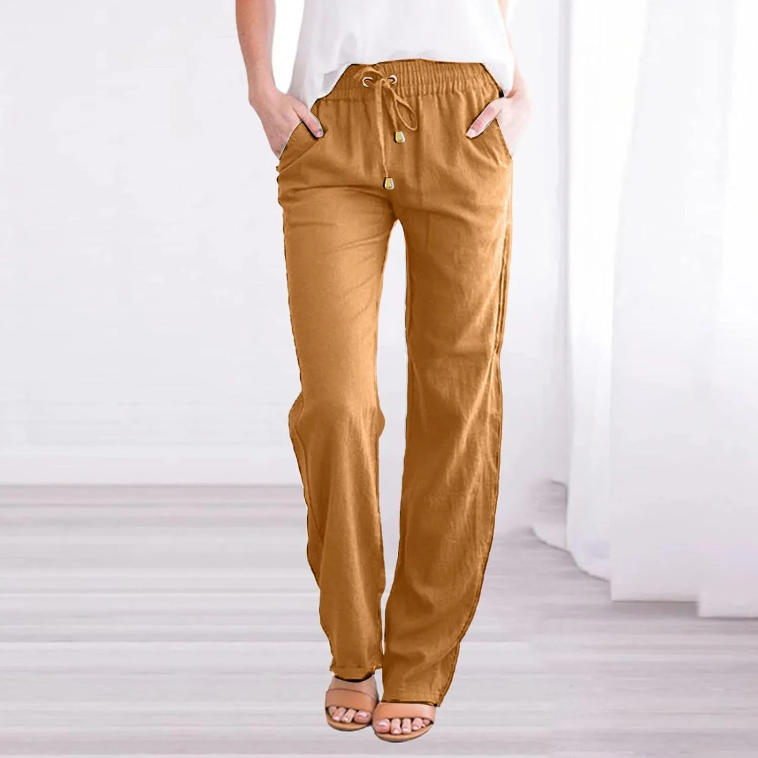 Lmdudan Women Straight Leg Linen Pants 2025 Trendy Elastic High Waist Yoga Pant Sweatpants Comfy Loose Beach Trousers