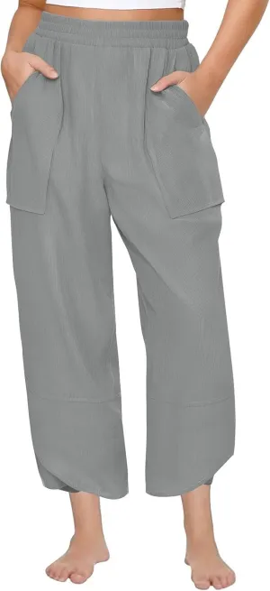 Lmdudan Womens Baggy Wide Leg Pants Casual Elastic Waisted Palazzo Pants with Pockets 2025 Summer Lightweight Capri Trousers