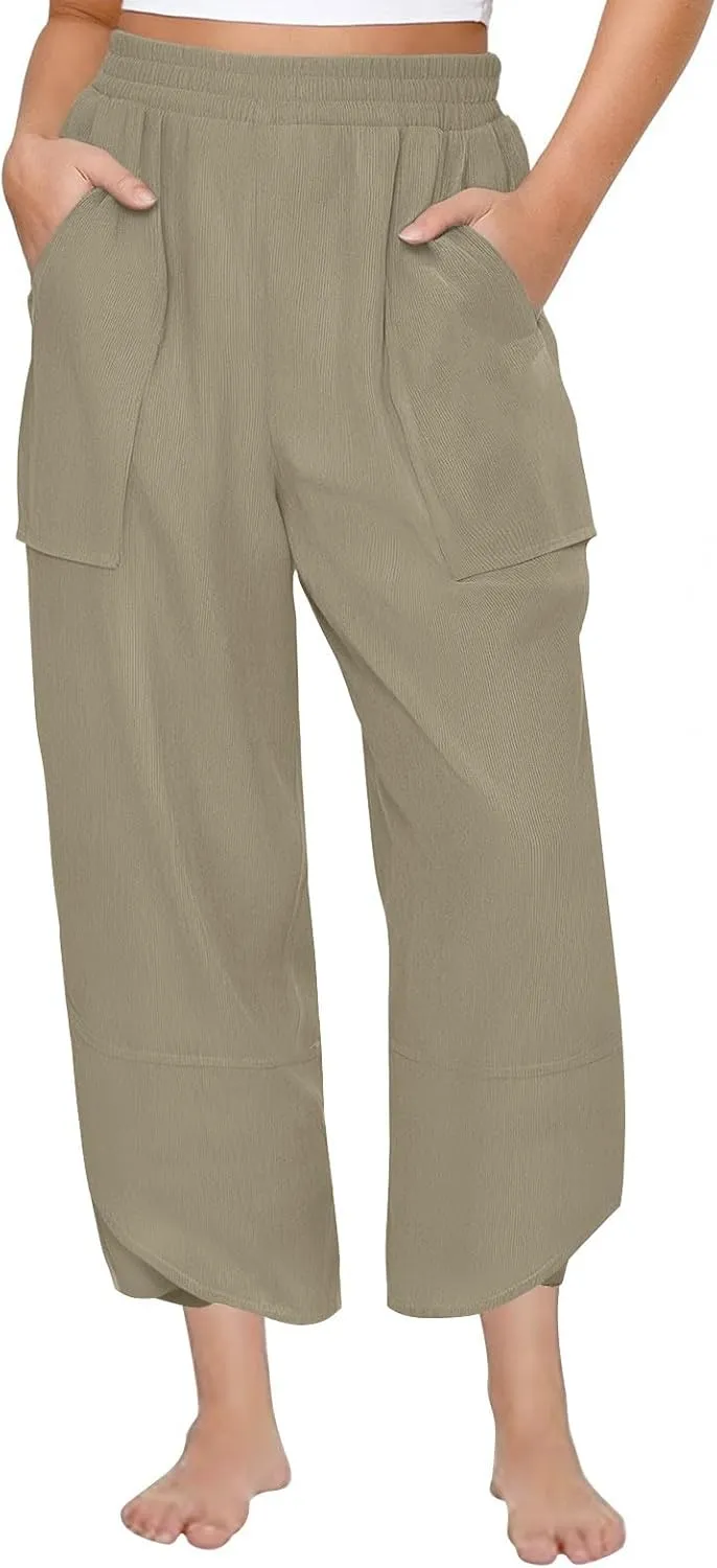 Lmdudan Womens Baggy Wide Leg Pants Casual Elastic Waisted Palazzo Pants with Pockets 2025 Summer Lightweight Capri Trousers
