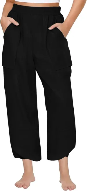 Lmdudan Womens Baggy Wide Leg Pants Casual Elastic Waisted Palazzo Pants with Pockets 2025 Summer Lightweight Capri Trousers