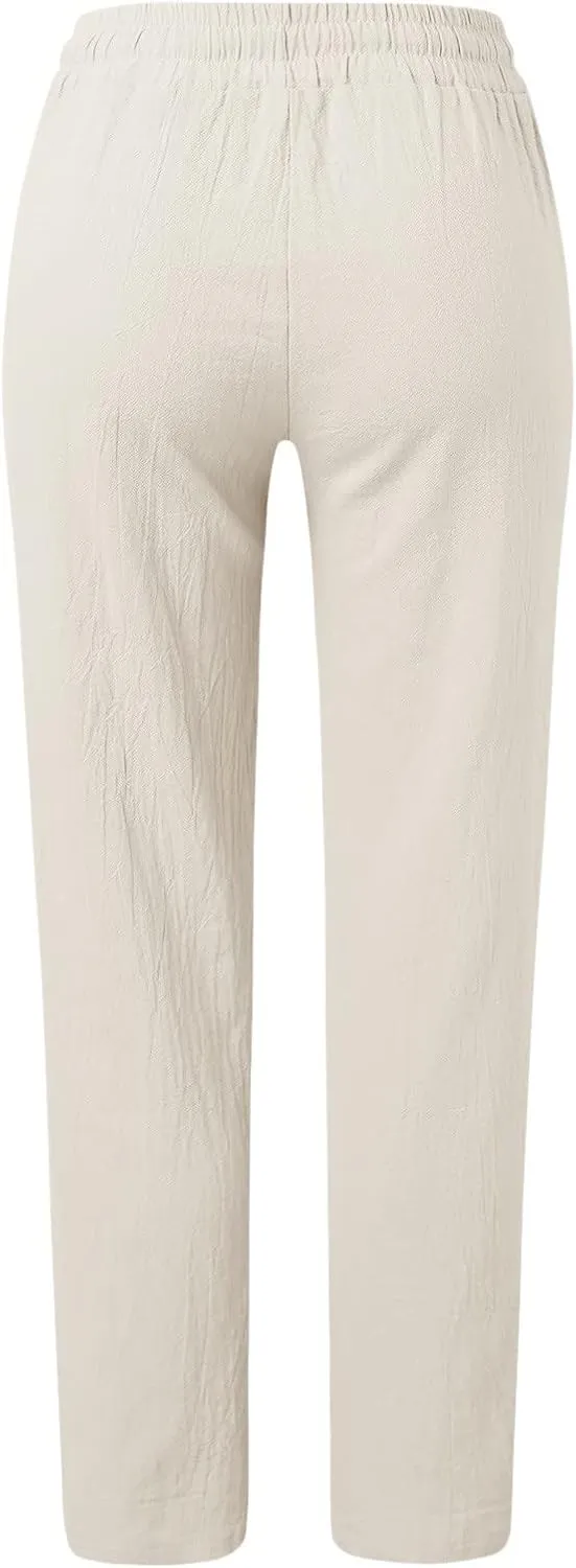 Long Lounge Pants for Women Drawstring Straight Leg Casual Pant Cotton Linen Cropped Pant Elastic Yoga Trousers with Pocket