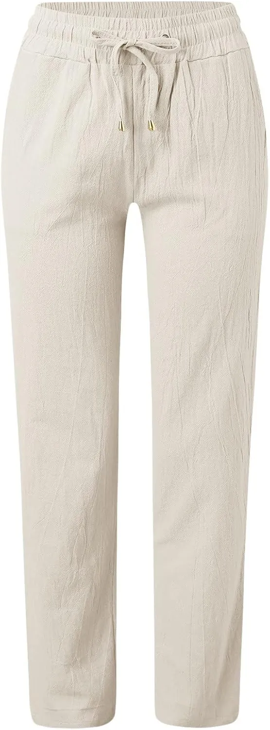 Long Lounge Pants for Women Drawstring Straight Leg Casual Pant Cotton Linen Cropped Pant Elastic Yoga Trousers with Pocket
