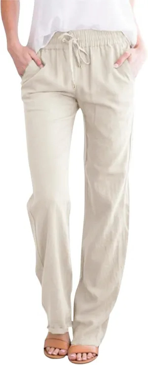 Long Lounge Pants for Women Drawstring Straight Leg Casual Pant Cotton Linen Cropped Pant Elastic Yoga Trousers with Pocket