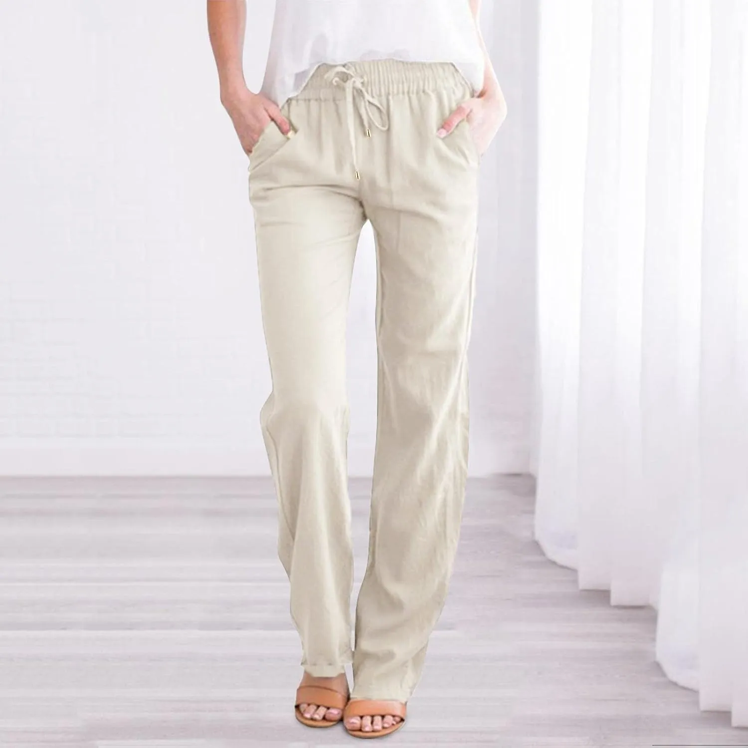 Long Lounge Pants for Women Drawstring Straight Leg Casual Pant Cotton Linen Cropped Pant Elastic Yoga Trousers with Pocket