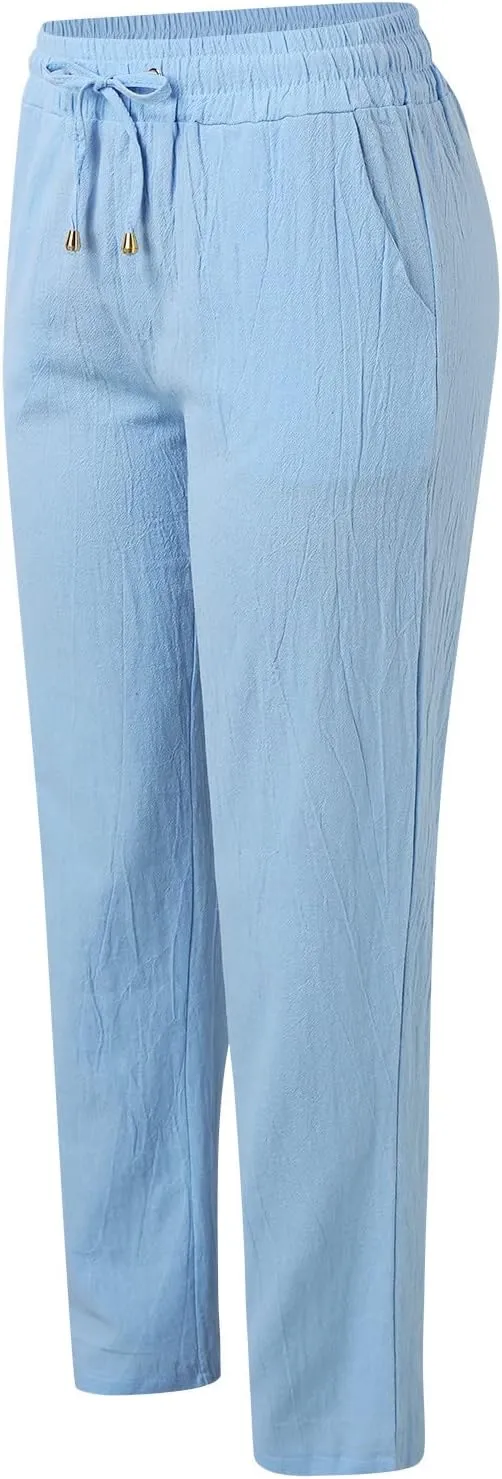Lounge Linen Pants Women Casual Summer Boho Straight Leg Solid Color High Waisted Linen Pants Cotton Comfy Lounge Trousers