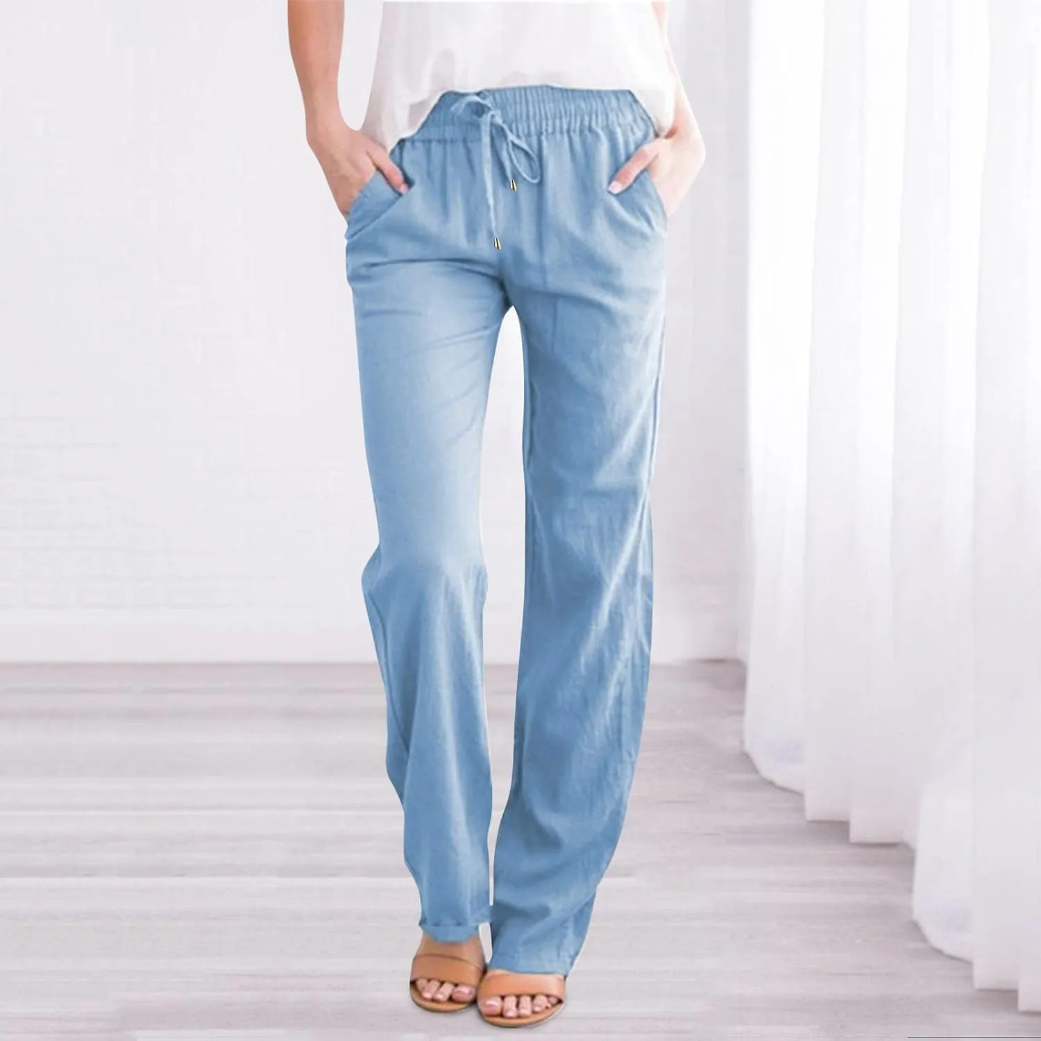 Lounge Linen Pants Women Casual Summer Boho Straight Leg Solid Color High Waisted Linen Pants Cotton Comfy Lounge Trousers