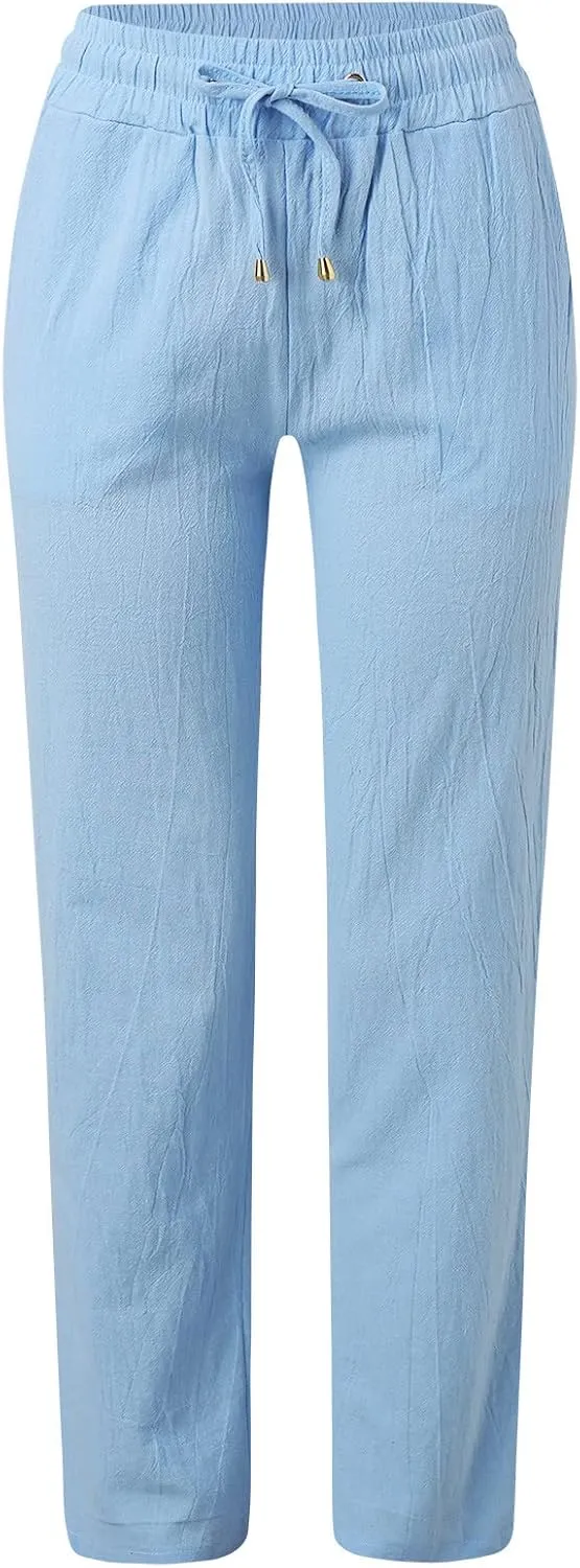 Lounge Linen Pants Women Casual Summer Boho Straight Leg Solid Color High Waisted Linen Pants Cotton Comfy Lounge Trousers