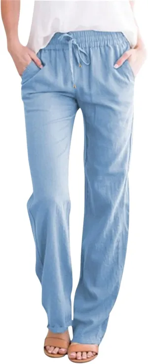 Lounge Linen Pants Women Casual Summer Boho Straight Leg Solid Color High Waisted Linen Pants Cotton Comfy Lounge Trousers