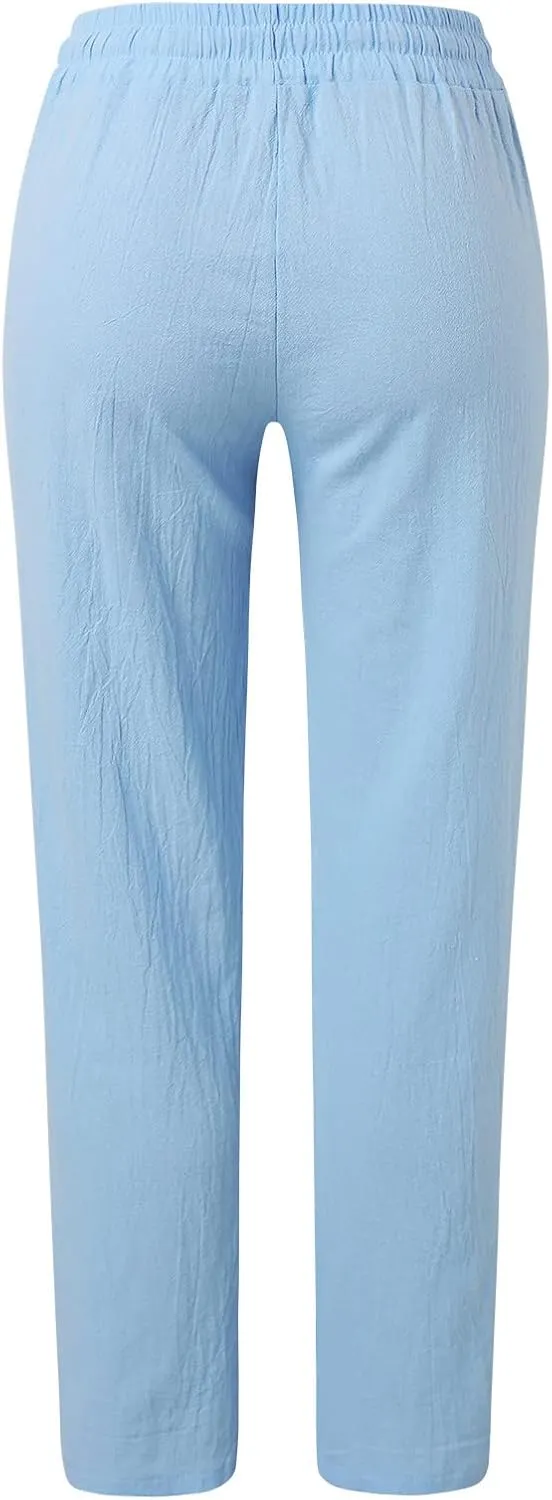 Lounge Linen Pants Women Casual Summer Boho Straight Leg Solid Color High Waisted Linen Pants Cotton Comfy Lounge Trousers