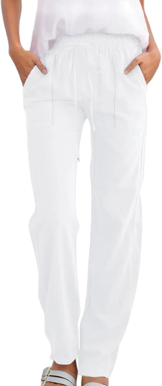 Lounge Linen Pants Women Summer Casual Beach Solid Color Plus Size High Waisted Linen Pants Work Lounge Trousers with Pockets