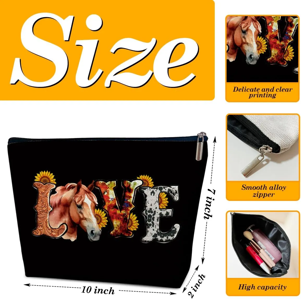 Love Horse Makeup Bag, Women Cosmetic Bag for Purse, Gifts for Women, Besties, Daughter, Best Friends, Horse Themed Gifts for Owner Lovers