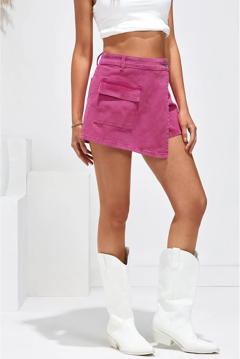 luvamia Denim Skorts for Woman Cargo Faux Wrap Jean Skort Skirts Stretchy High Waisted Skirt Shorts Country Concert Wear