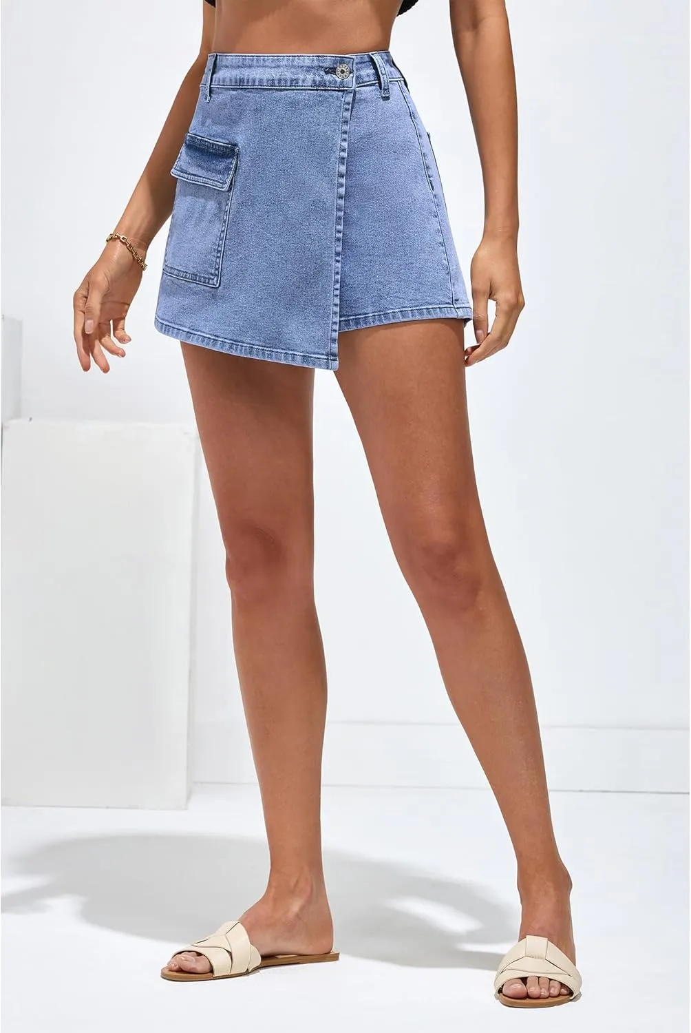 luvamia Denim Skorts for Woman Cargo Faux Wrap Jean Skort Skirts Stretchy High Waisted Skirt Shorts Country Concert Wear