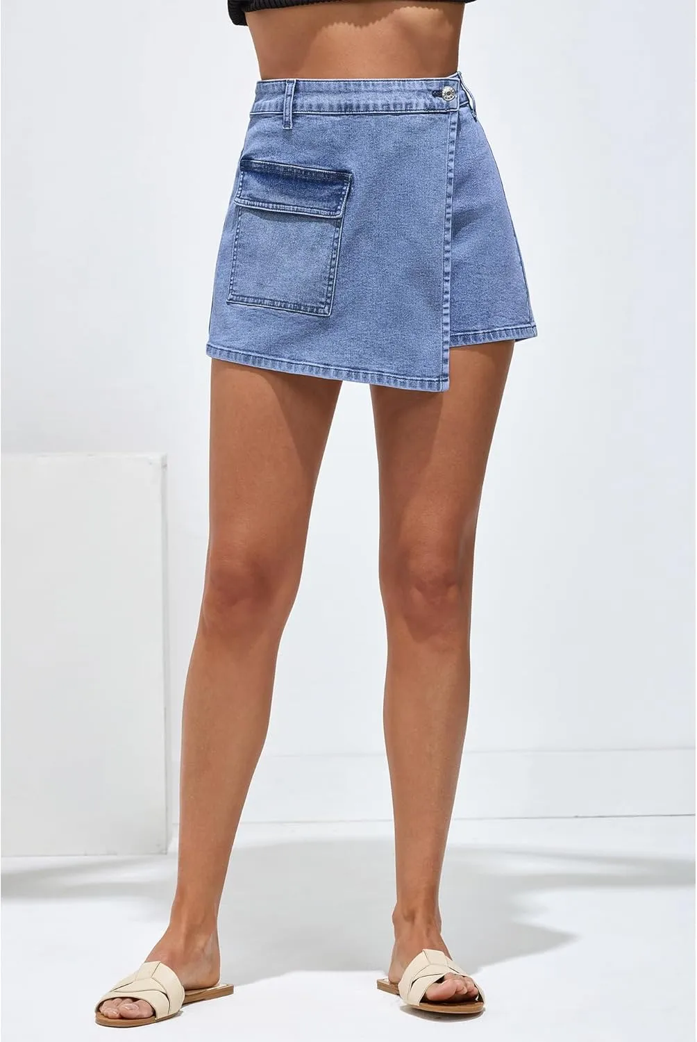 luvamia Denim Skorts for Woman Cargo Faux Wrap Jean Skort Skirts Stretchy High Waisted Skirt Shorts Country Concert Wear