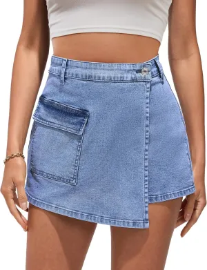 luvamia Denim Skorts for Woman Cargo Faux Wrap Jean Skort Skirts Stretchy High Waisted Skirt Shorts Country Concert Wear
