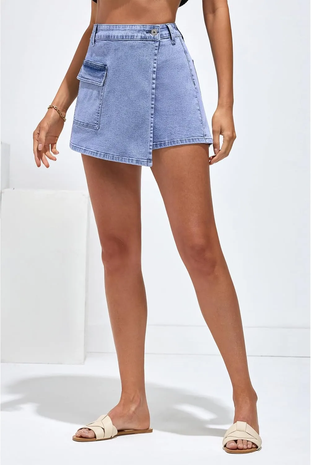 luvamia Denim Skorts for Woman Cargo Faux Wrap Jean Skort Skirts Stretchy High Waisted Skirt Shorts Country Concert Wear