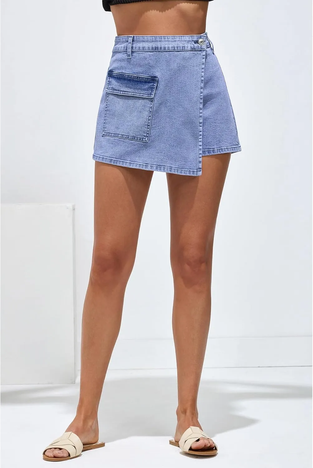 luvamia Denim Skorts for Woman Cargo Faux Wrap Jean Skort Skirts Stretchy High Waisted Skirt Shorts Country Concert Wear
