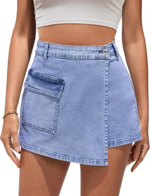 luvamia Denim Skorts for Woman Cargo Faux Wrap Jean Skort Skirts Stretchy High Waisted Skirt Shorts Country Concert Wear