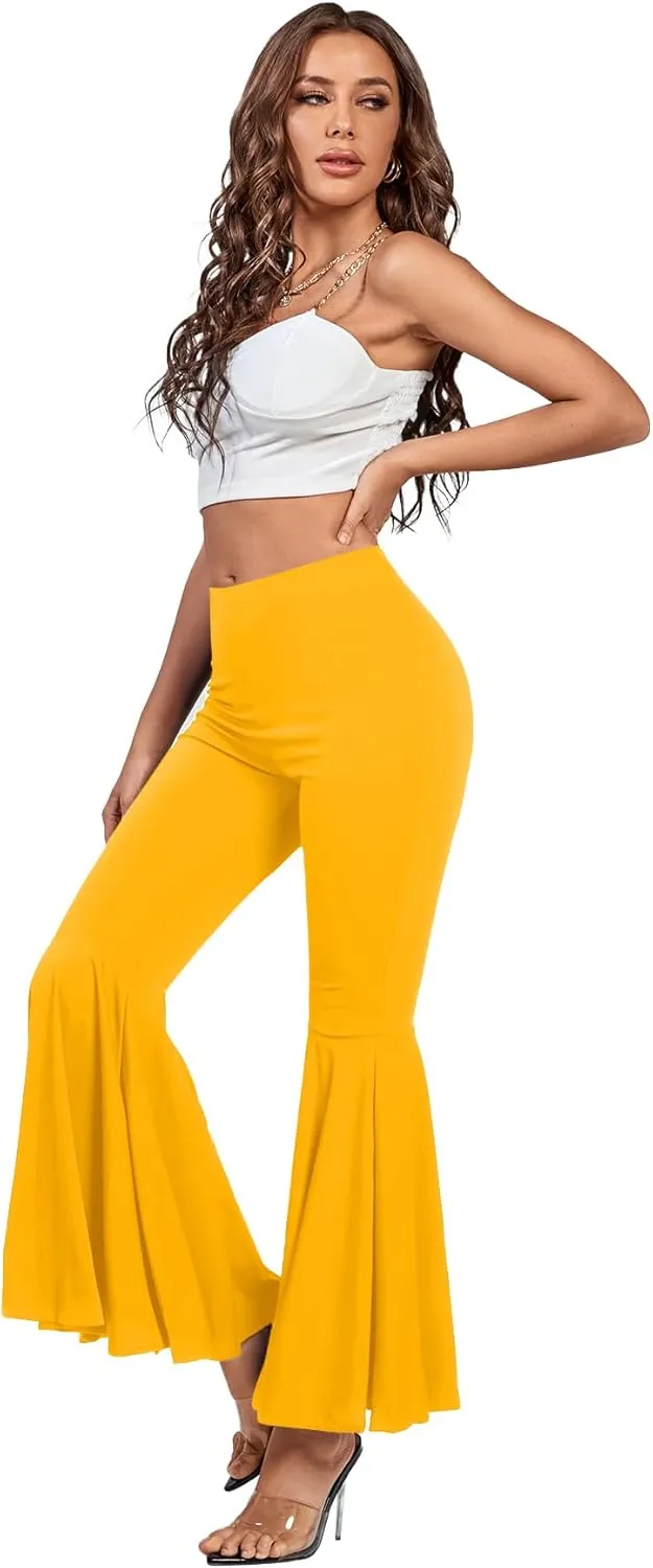 LYANER Women's Casual High Waist Ruffle Flare Pants Wide Leg Solid Stretchy Bell Bottom