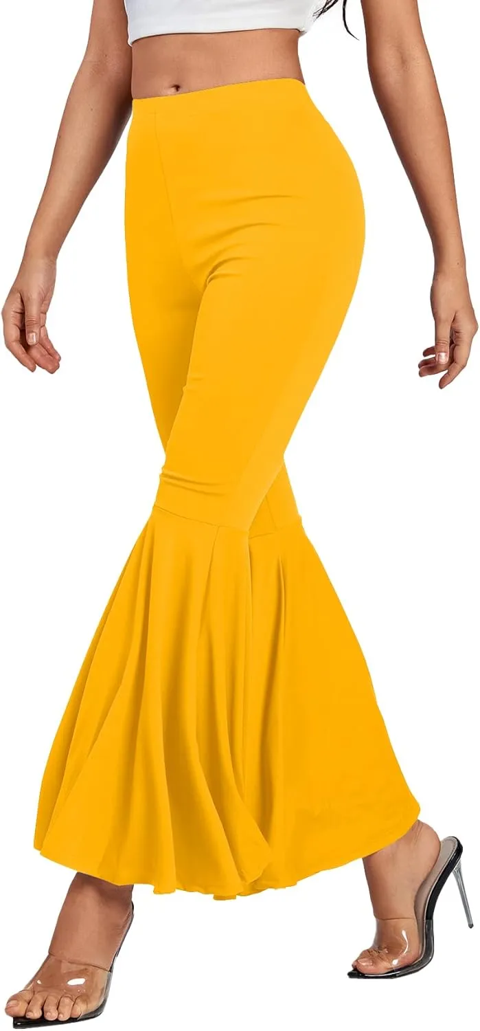LYANER Women's Casual High Waist Ruffle Flare Pants Wide Leg Solid Stretchy Bell Bottom