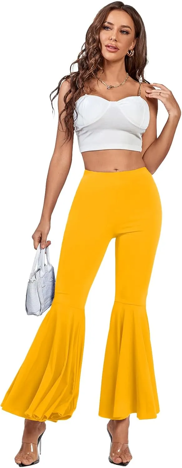LYANER Women's Casual High Waist Ruffle Flare Pants Wide Leg Solid Stretchy Bell Bottom