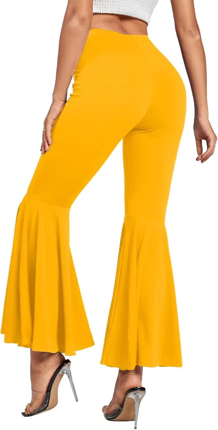 LYANER Women's Casual High Waist Ruffle Flare Pants Wide Leg Solid Stretchy Bell Bottom