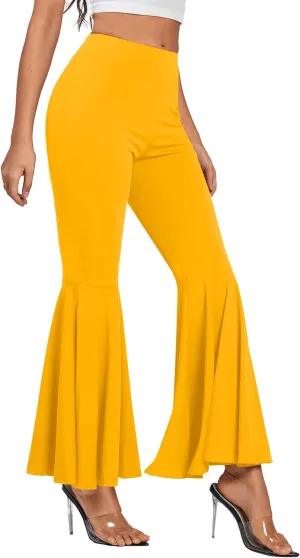 LYANER Women's Casual High Waist Ruffle Flare Pants Wide Leg Solid Stretchy Bell Bottom