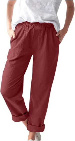 Maryia Linen Pants for Women Summer Casual Elastic Waist Rolled Wide Leg Pants Solid Lounge Beach Trousers