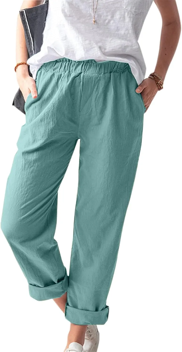Maryia Linen Pants for Women Summer Casual Elastic Waist Rolled Wide Leg Pants Solid Lounge Beach Trousers