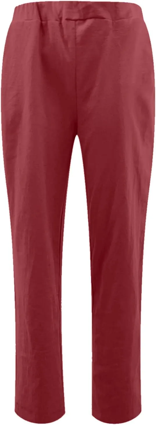 Maryia Linen Pants for Women Summer Casual Elastic Waist Rolled Wide Leg Pants Solid Lounge Beach Trousers